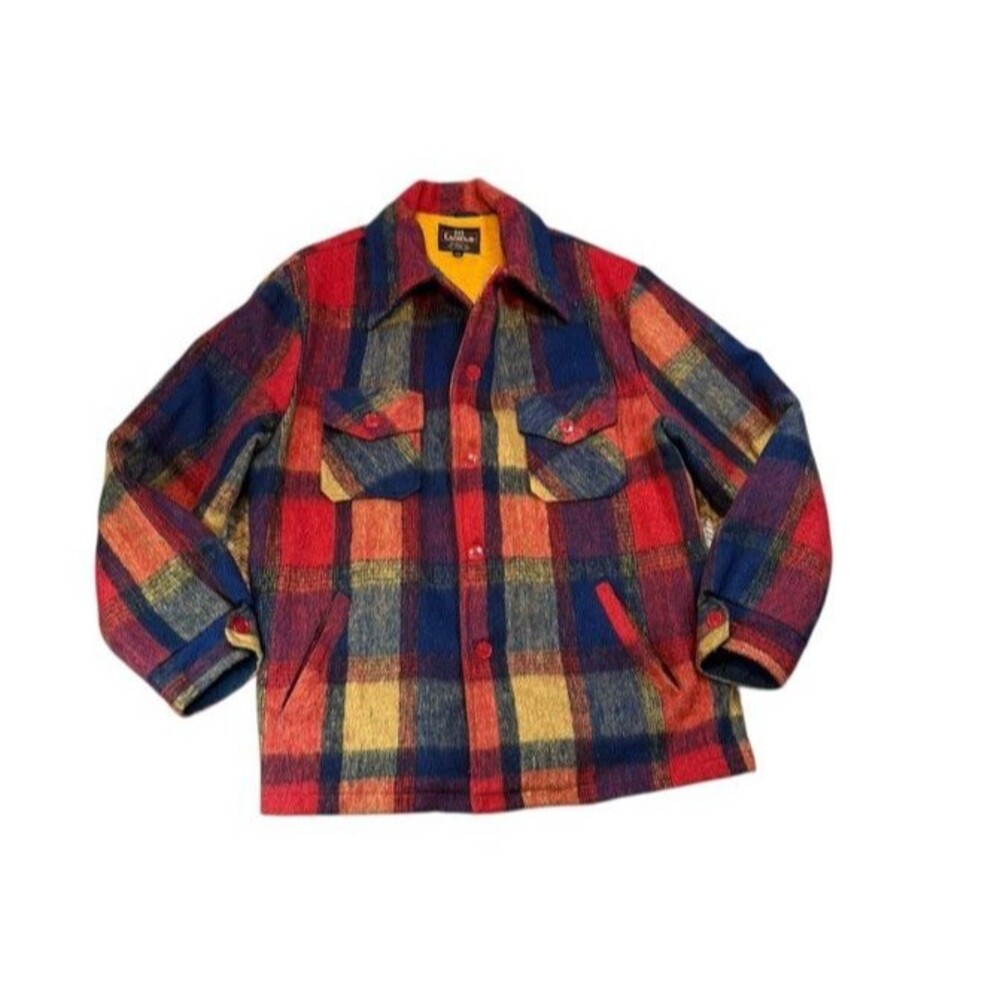 Vintage Campus Shacket Mens Size 44 Red Yellow Blue Plaid Fuzzy Lined Jacket
